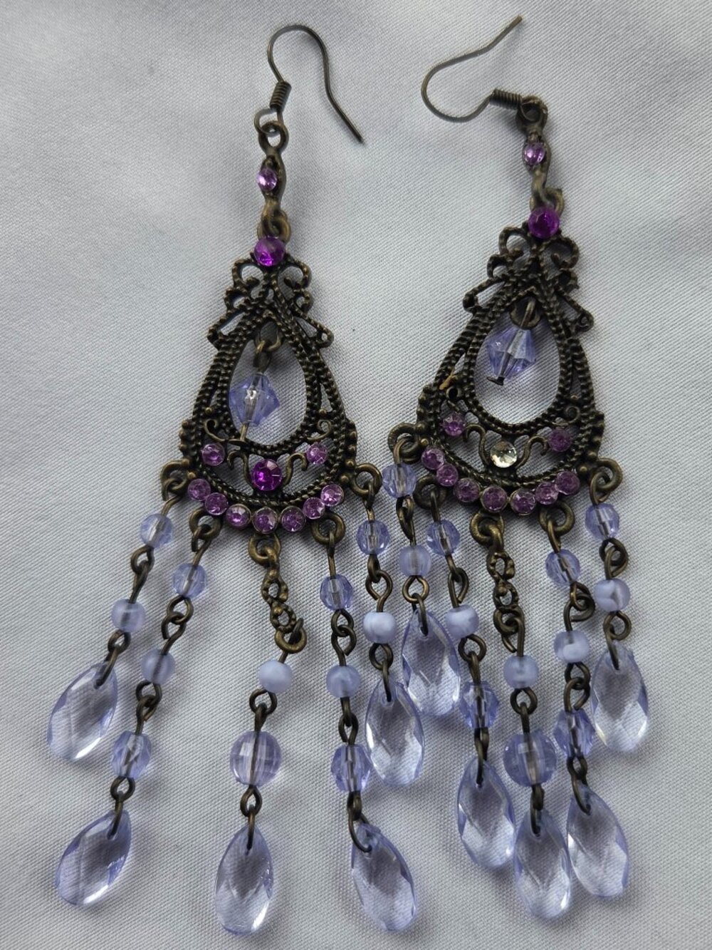 Goth Chandelier Earrings Dark Metal Filigree Purple Rhinestone Blue Teardrop